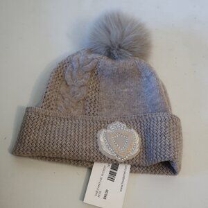 New With Tags Womens Mitchie's Beige Cable Knit Beanie Hat W/Crest